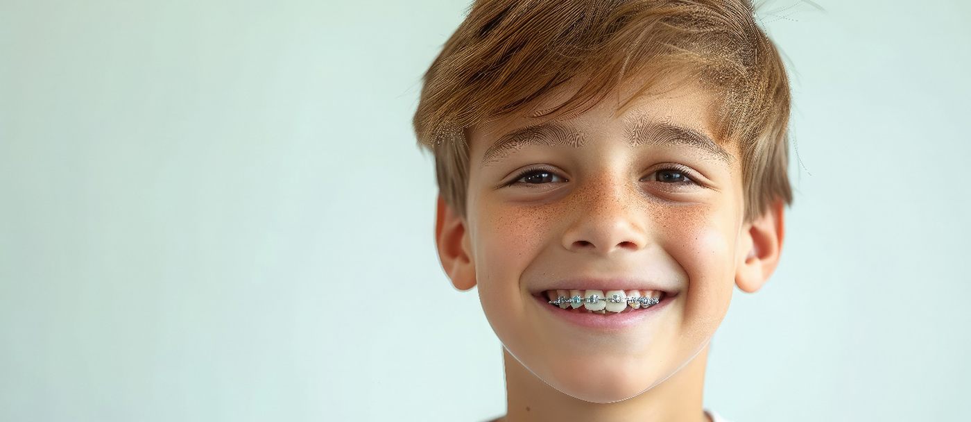 Closeup of child with traditional braces smiling