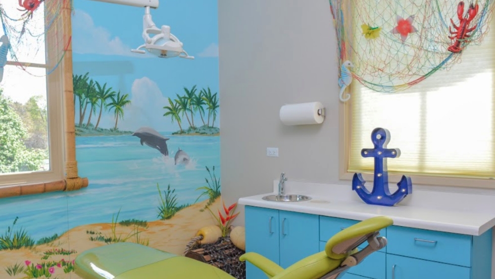 Beach themed dental treatment room in pediatric dental office in Pleasanton