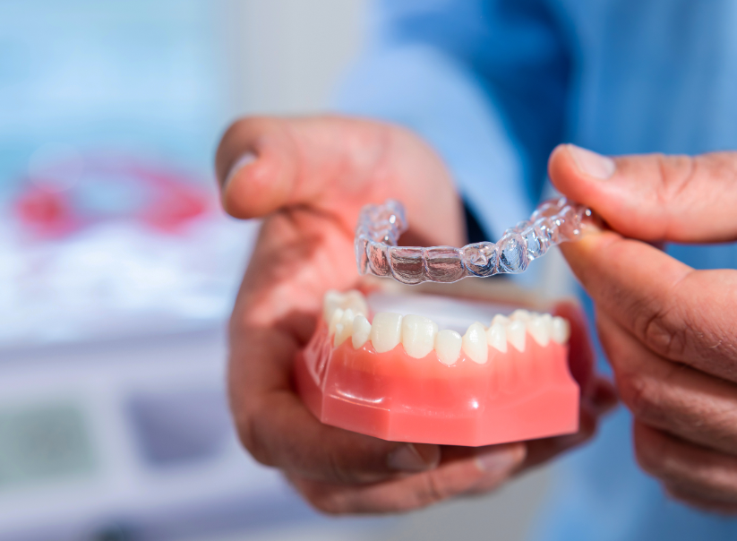 Clear aligner on model teeth